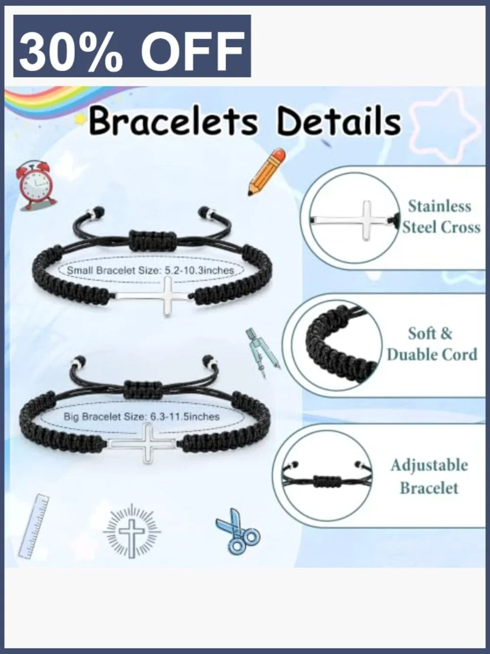 Back to School Cross Bracelet Mom and Me Matching Set Stainless Steel